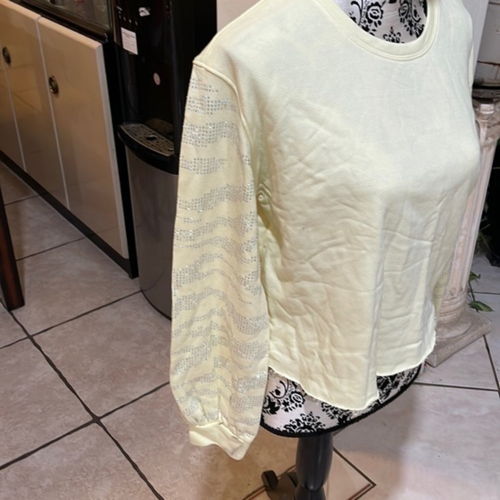 INC Women's Sweater Yellow Size Medium Embellished Sleeve Pullover $69 stretchy